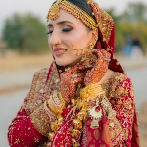 Red Khaddi Booti Bridal Long Shirt with Shararaa