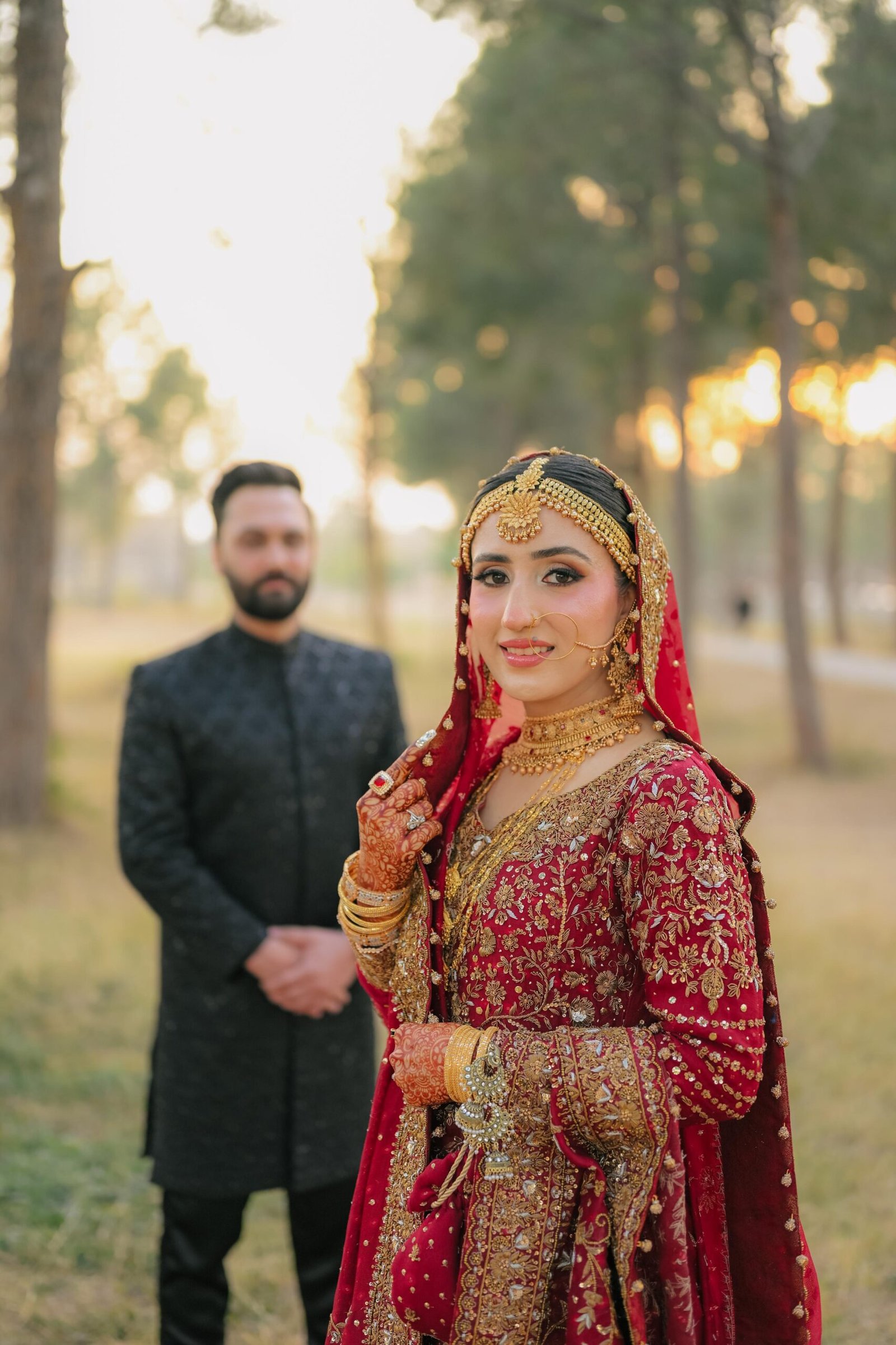 Red Khaddi Booti Bridal Long Shirt with Shararaa - Image 2