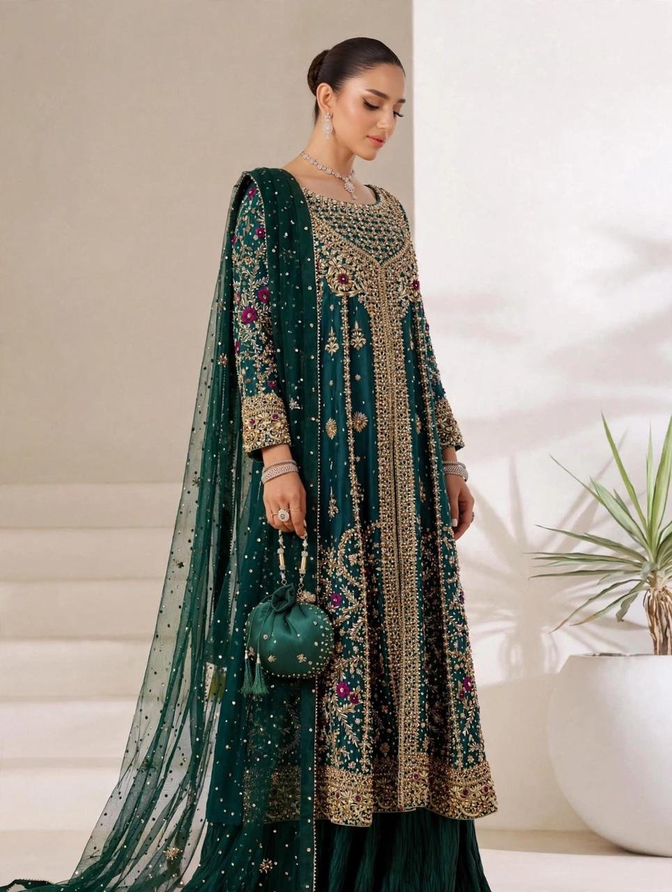 Pure Sheesha Silk Front Open Party Wear Maxi with Crush Sharara - Image 2