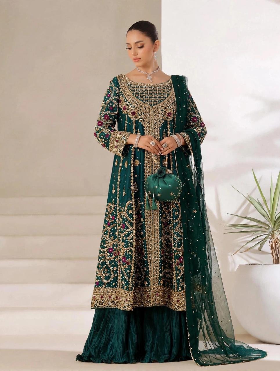 Pure Sheesha Silk Front Open Party Wear Maxi with Crush Sharara