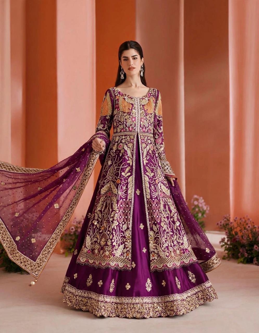 Pure Sheesha Silk Front Open Long A-Line Shirt with Sharara