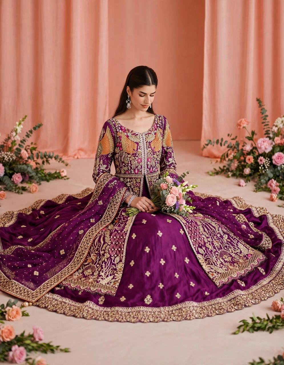 Pure Sheesha Silk Front Open Long A-Line Shirt with Sharara - Image 2