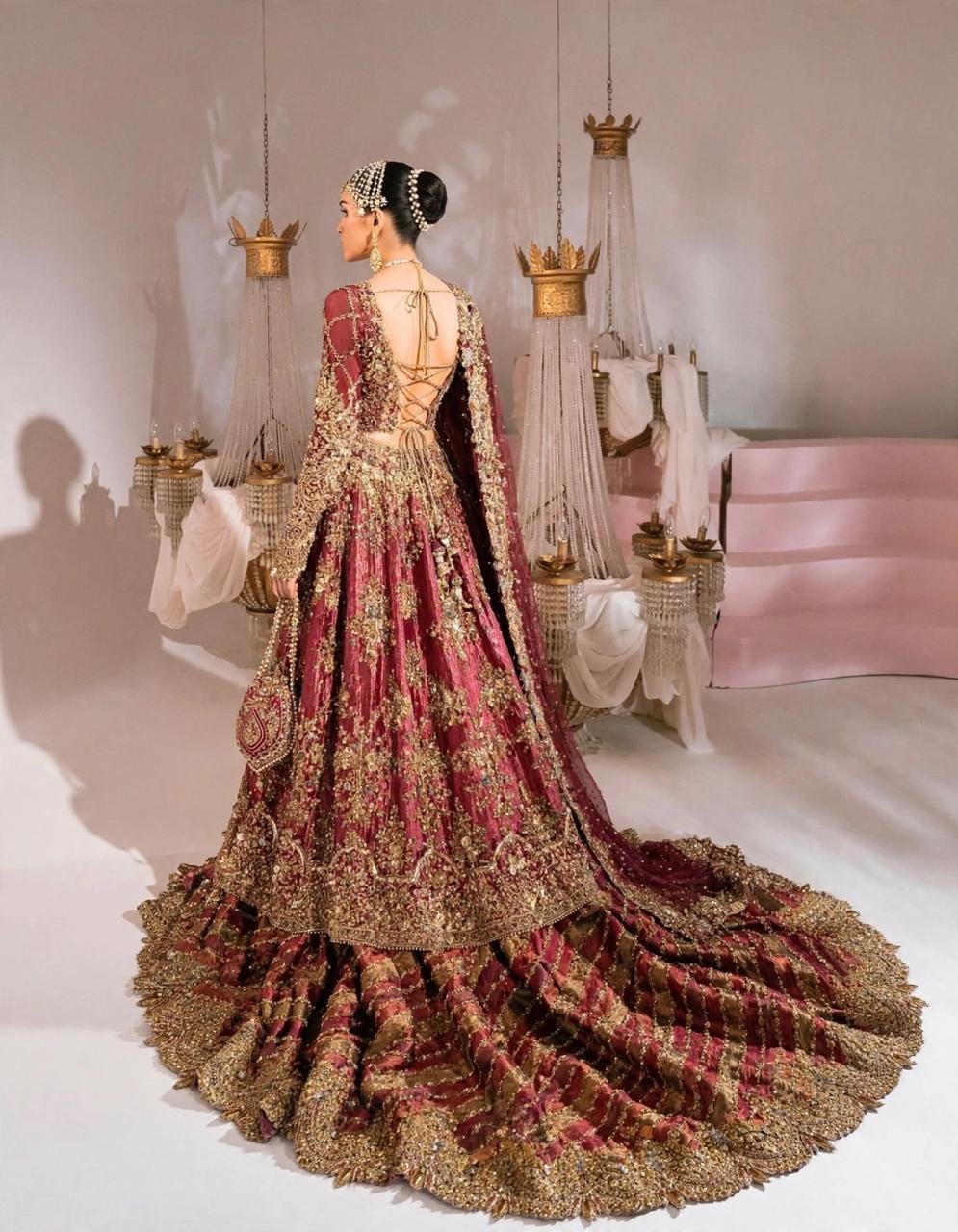 Pure Masoori Silk Bridal Front Open Maxi with Chatatpatti Tail Lengha - Image 3