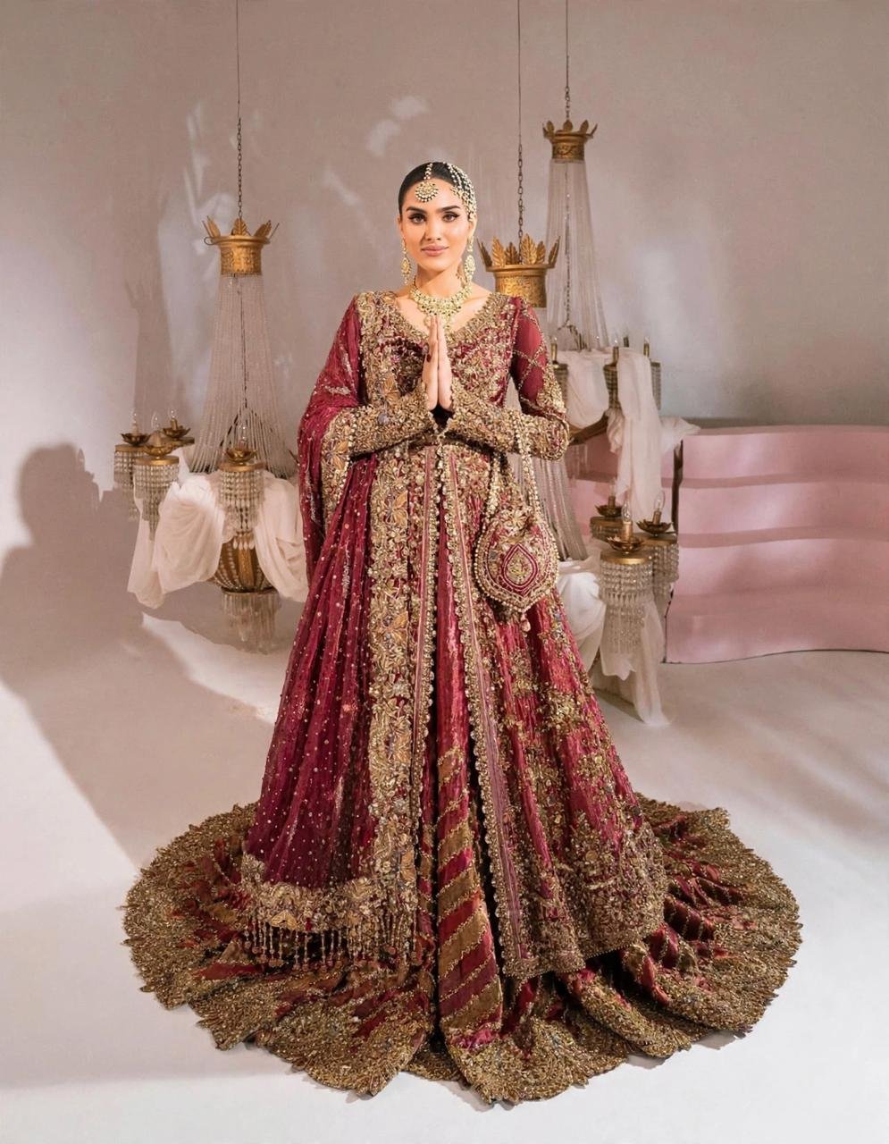 Pure Masoori Silk Bridal Front Open Maxi with Chatatpatti Tail Lengha