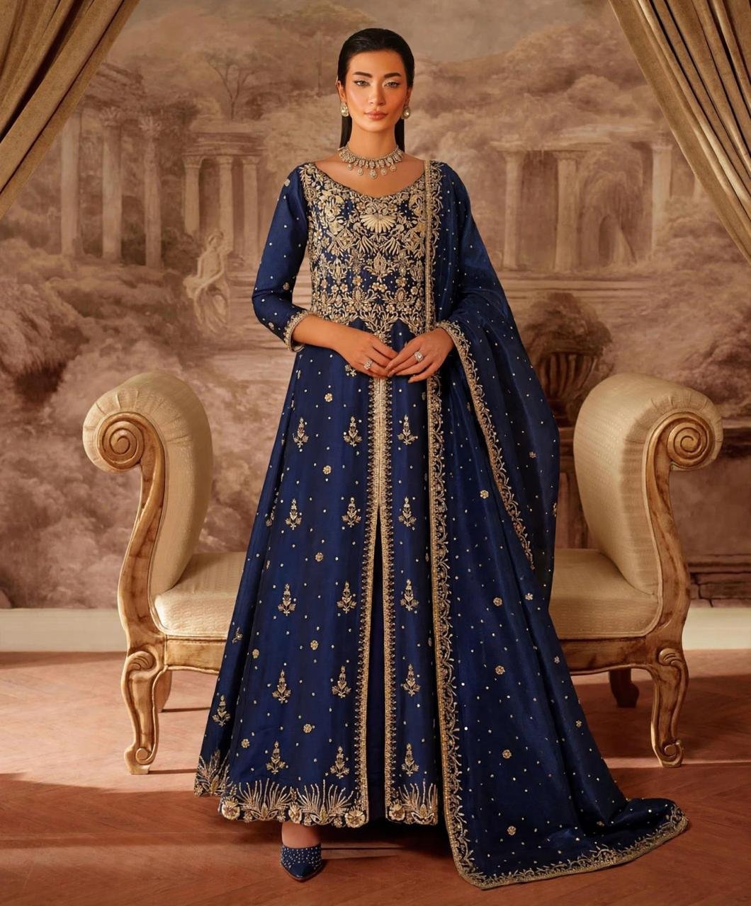 Pure Sheesha Silk Front Open Maxi with Dupatta